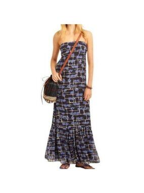 Calypso St Barth Women's Silk Strapless Ruffle Maxi Dress Blue Elephants Sz XS